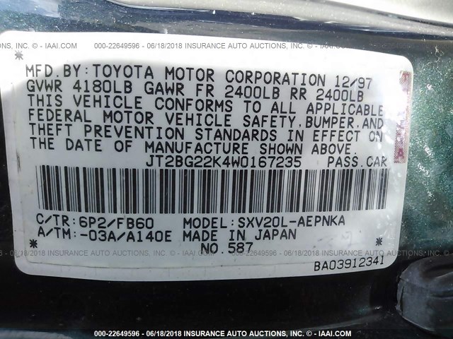 JT2BG22K4W0167235 - 1998 TOYOTA CAMRY CE/LE/XLE GREEN photo 9