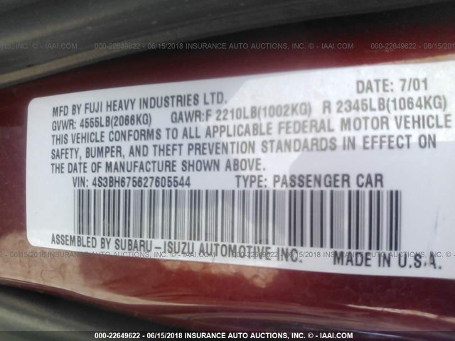 4S3BH675627605544 - 2002 SUBARU LEGACY OUTBACK AWP 栗色 照片 9