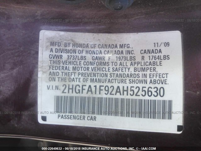 2HGFA1F92AH525630 - 2010 HONDA CIVIC EXL MAROON photo 9