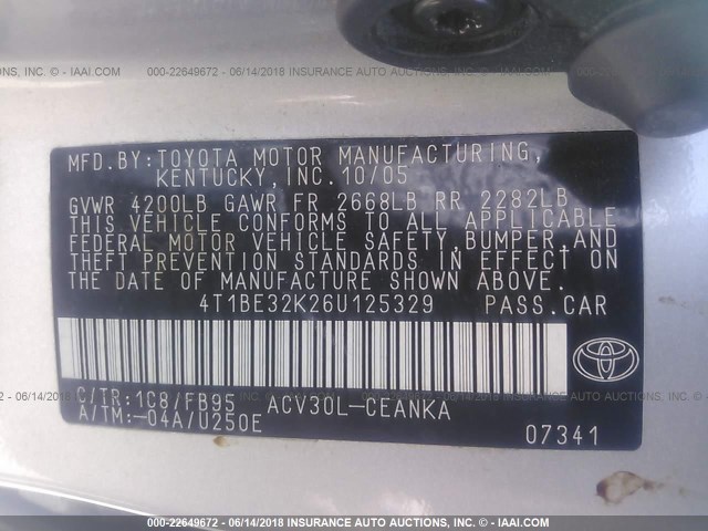 4T1BE32K26U125329 - 2006 TOYOTA CAMRY LE/XLE/SE ვერცხლისფერი ფოტო 9
