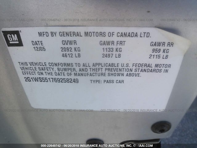 2G1WS551769258249 - 2006 CHEVROLET IMPALA POLICE SILVER photo 9