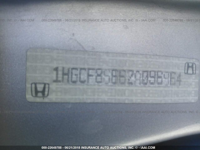 1HGCF86662A096964 - 2002 HONDA ACCORD VALUE SILVER photo 9