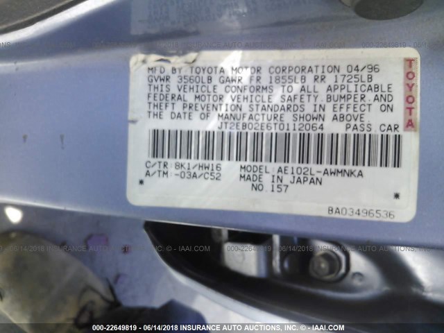 JT2EB02E6T0112064 - 1996 TOYOTA COROLLA DX Light Blue photo 9