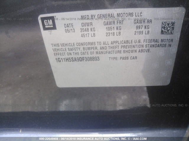 1G11H5SA9DF308893 - 2013 CHEVROLET MALIBU LTZ 灰色 照片 9