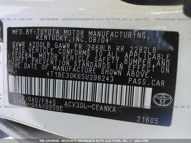 4T1BE30K65U398243 - 2005 TOYOTA CAMRY LE/XLE/SE 白色 照片 9