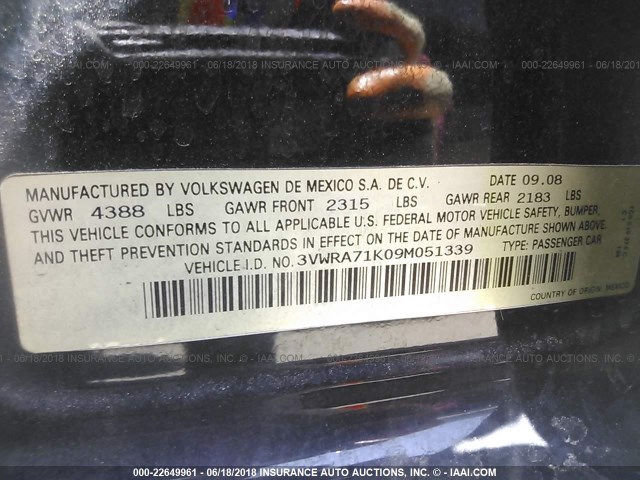 3VWRA71K09M051339 - 2009 VOLKSWAGEN JETTA WOLFSBURG BLACK photo 9