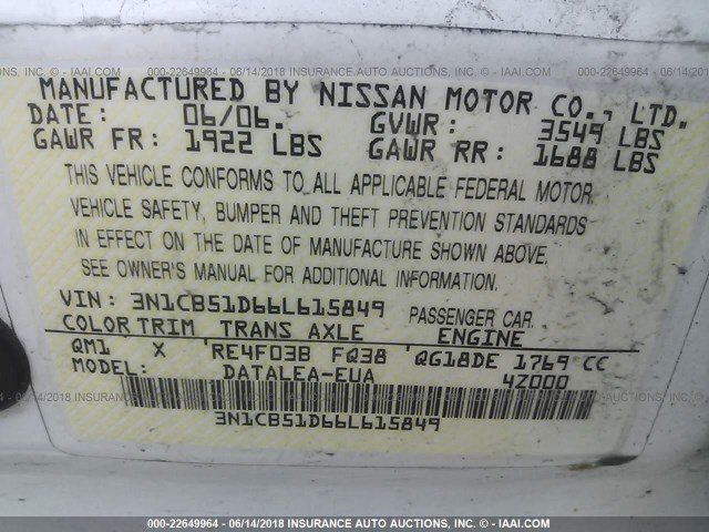 3N1CB51D66L615849 - 2006 NISSAN SENTRA 1.8/1.8S WHITE photo 9