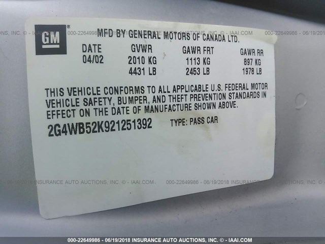 2G4WB52K921251392 - 2002 BUICK REGAL LS 银色 照片 9