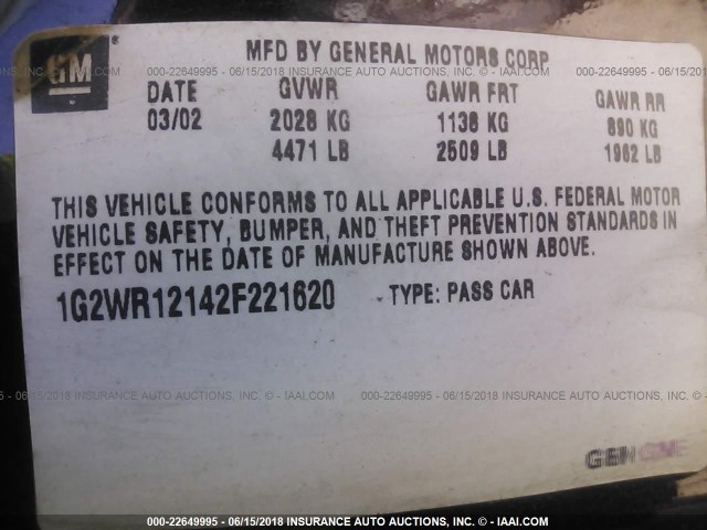 1G2WR12142F221620 - 2002 PONTIAC GRAND PRIX GTP Bənövşəyi foto 9