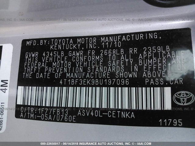 4T1BF3EK9BU197096 - 2011 TOYOTA CAMRY SE/LE/XLE SILVER photo 9