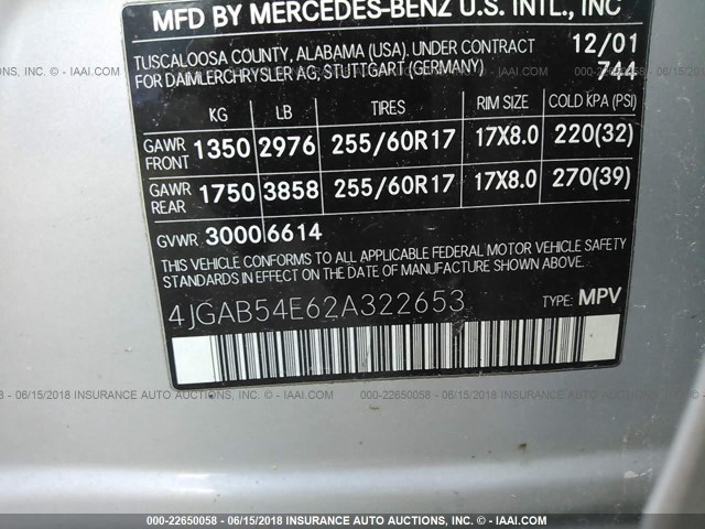 4JGAB54E62A322653 - 2002 MERCEDES-BENZ ML 320 SILVER photo 9