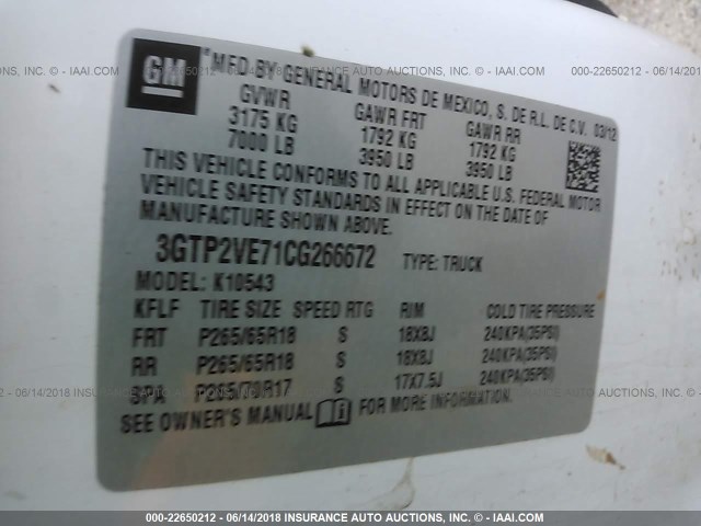 3GTP2VE71CG266672 - 2012 GMC SIERRA K1500 SLE WHITE photo 9