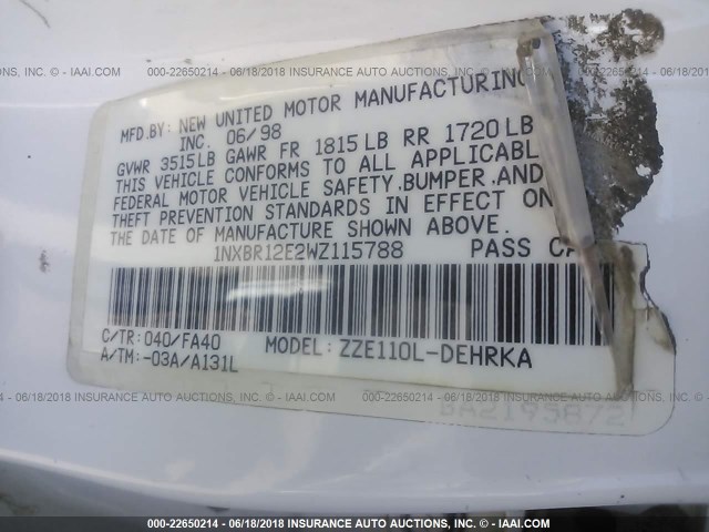 1NXBR12E2WZ115788 - 1998 TOYOTA COROLLA VE/CE/LE 白色 照片 9