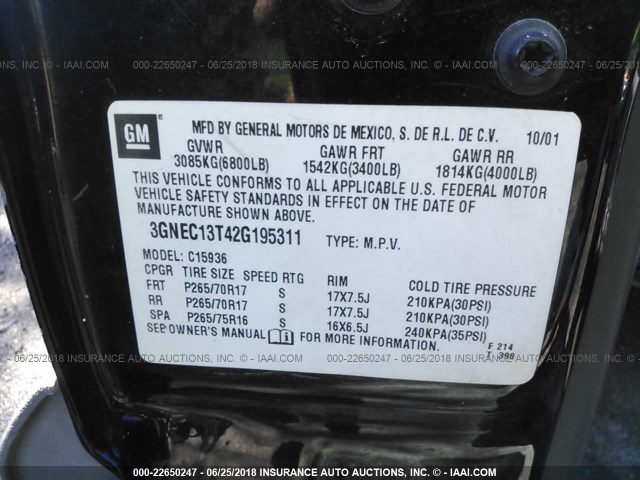 3GNEC13T42G195311 - 2002 CHEVROLET AVALANCHE C1500 BLACK photo 9