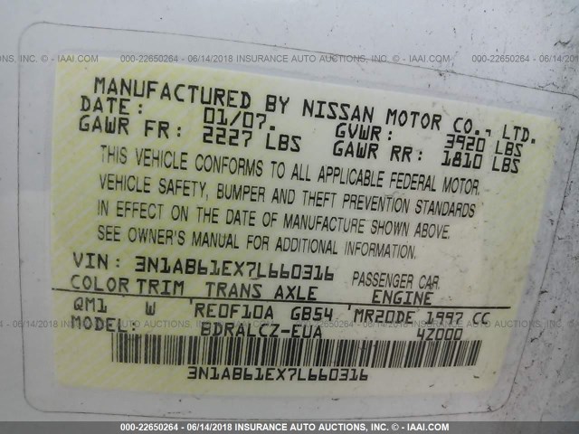 3N1AB61EX7L660316 - 2007 NISSAN SENTRA 2.0/2.0S/2.0SL WHITE photo 9