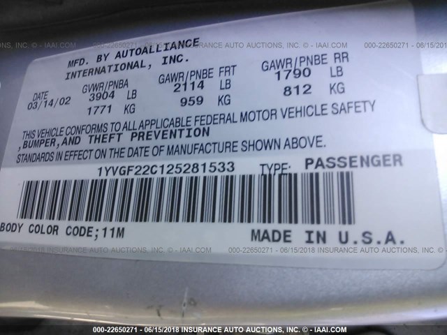 1YVGF22C125281533 - 2002 MAZDA 626 LX SILVER photo 9