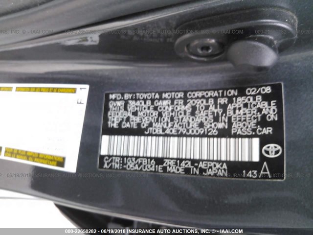 JTDBL40E79J009126 - 2009 TOYOTA COROLLA LE/XLE GRAY photo 9
