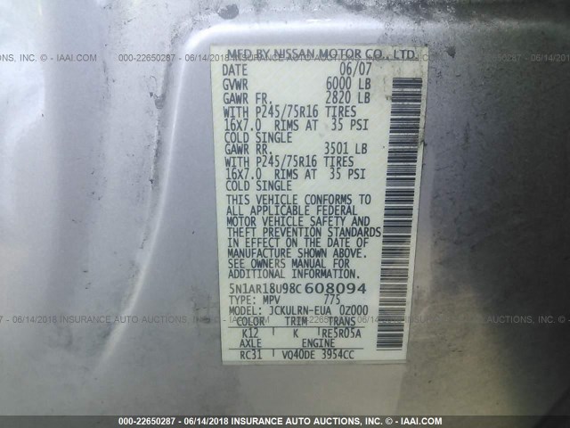 5N1AR18U98C608094 - 2008 NISSAN PATHFINDER S/LE/SE SILVER photo 9