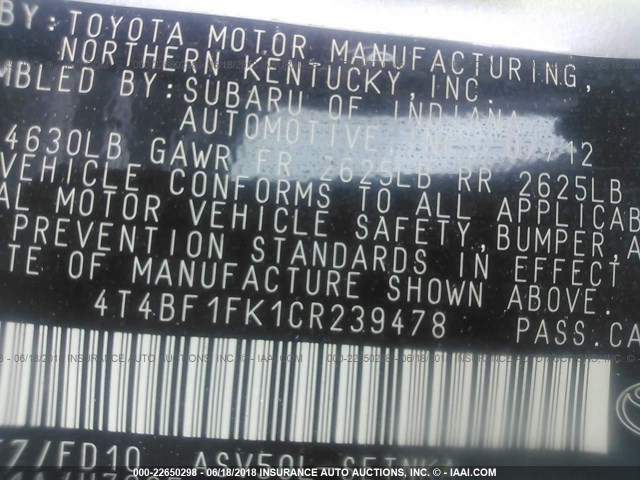 4T4BF1FK1CR239478 - 2012 TOYOTA CAMRY SE/LE/XLE SILVER photo 9