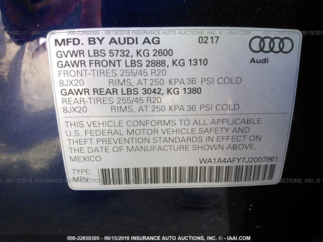 WA1A4AFY7J2007961 - 2018 AUDI SQ5 PREMIUM PLUS BLUE photo 9