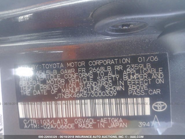 JTNBK46K573000339 - 2007 TOYOTA CAMRY NEW GENERAT LE/XLE/SE GRAY photo 9