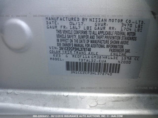 3N1CE2CP3HL378740 - 2017 NISSAN VERSA NOTE S/S PLUS/SV/SL/SR SILVER photo 9