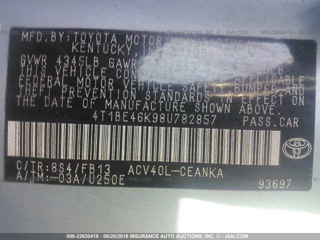 4T1BE46K98U782857 - 2008 TOYOTA CAMRY CE/LE/XLE/SE BLUE photo 9