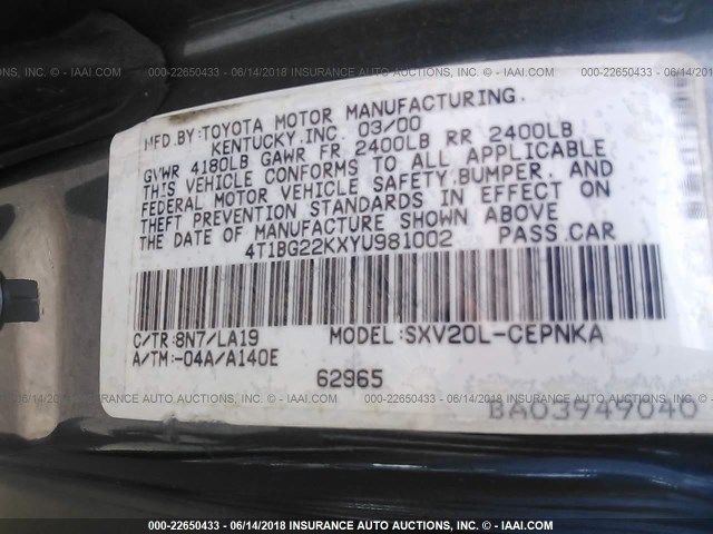 4T1BG22KXYU981002 - 2000 TOYOTA CAMRY CE/LE/XLE GREEN photo 9
