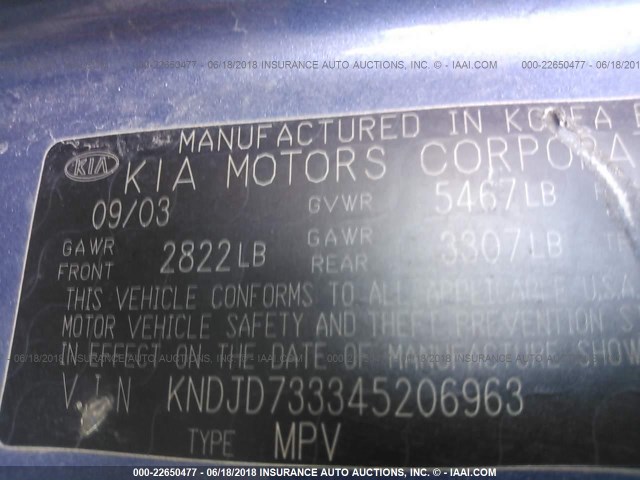 KNDJD733345206963 - 2004 KIA SORENTO EX/LX BLUE photo 9