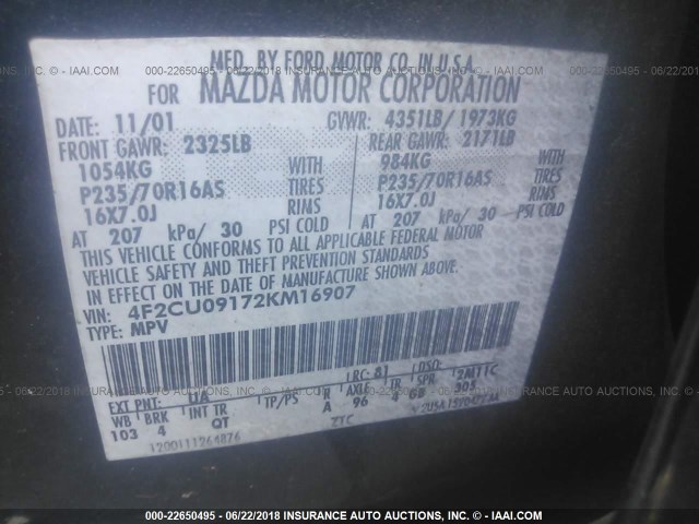 4F2CU09172KM16907 - 2002 MAZDA TRIBUTE LX/ES 黑色 照片 9