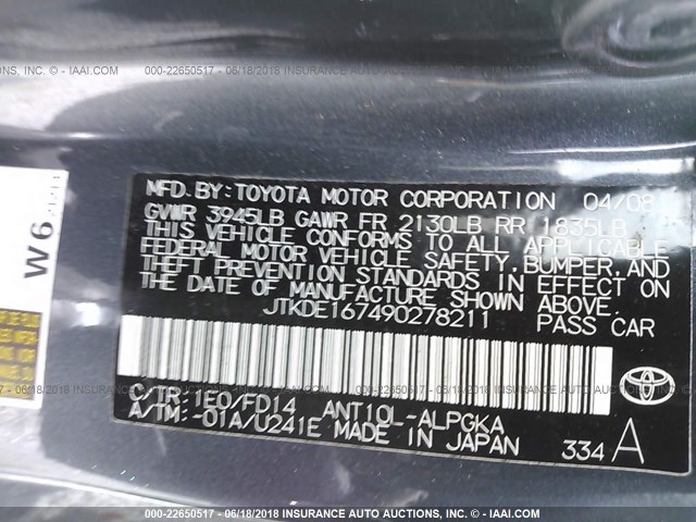 JTKDE167490278211 - 2009 TOYOTA SCION TC 灰色 照片 9
