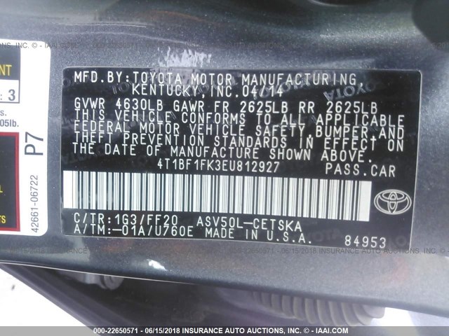 4T1BF1FK3EU812927 - 2014 TOYOTA CAMRY L/SE/LE/XLE ნაცრისფერი ფოტო 9