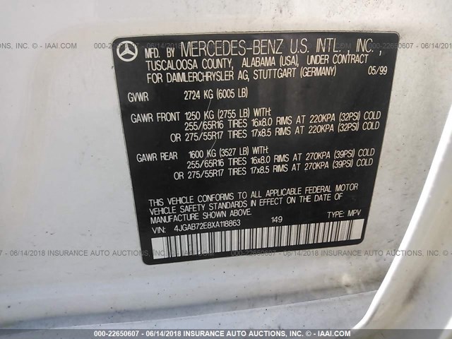 4JGAB72E8XA118863 - 1999 MERCEDES-BENZ ML 430 白色 照片 9