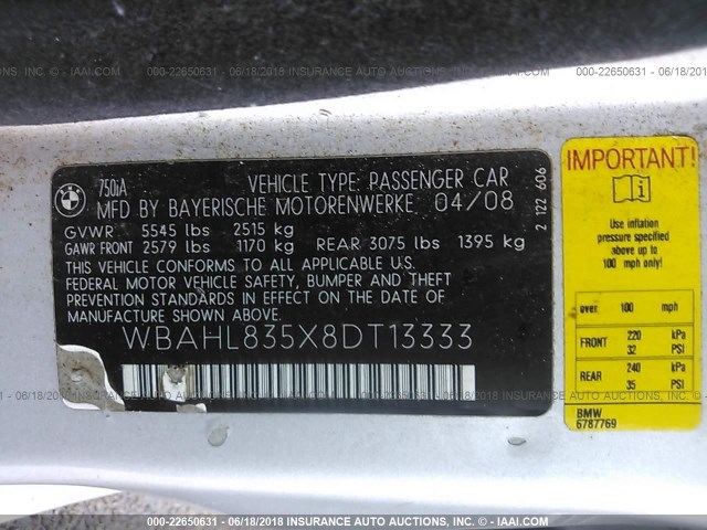 WBAHL835X8DT13333 - 2008 BMW 750 I SILVER photo 9