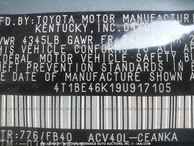 4T1BE46K19U917105 - 2009 TOYOTA CAMRY SE/LE/XLE 绿色 照片 9