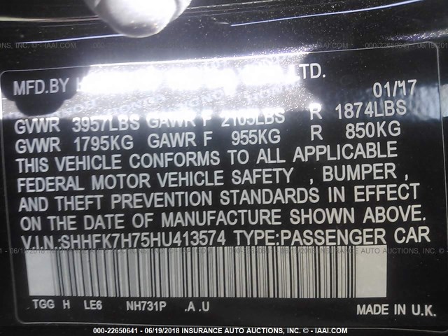 SHHFK7H75HU413574 - 2017 HONDA CIVIC EXL BLACK photo 9