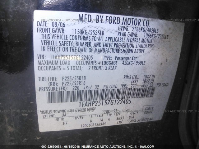 1FAHP25157G122405 - 2007 FORD FIVE HUNDRED LIMITED BLACK photo 9