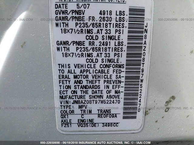 JN8AZ08T97W522470 - 2007 NISSAN MURANO SL/SE/S WHITE photo 9