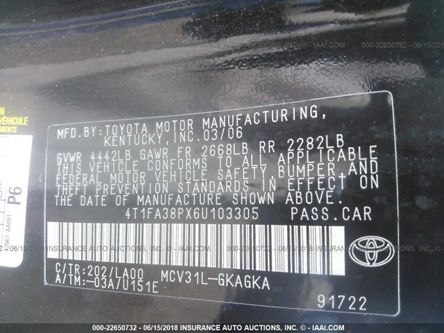 4T1FA38PX6U103305 - 2006 TOYOTA CAMRY SOLARA SE/SLE შავი ფოტო 9