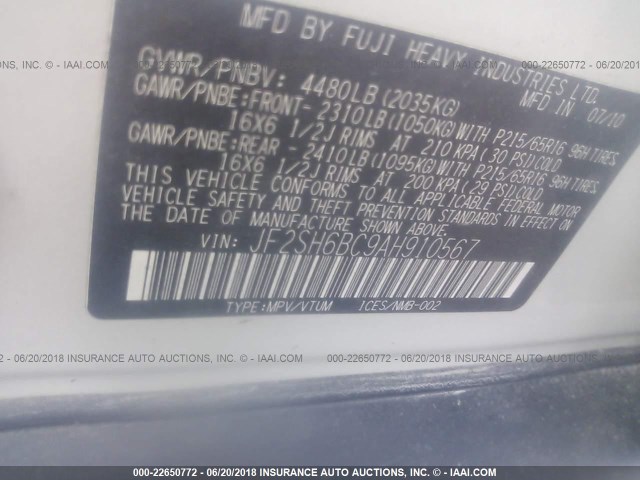 JF2SH6BC9AH910567 - 2010 SUBARU FORESTER XS Blanc photo 9