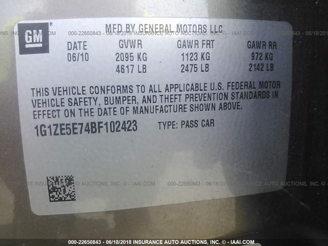 1G1ZE5E74BF102423 - 2011 CHEVROLET MALIBU LTZ 棕色 照片 9