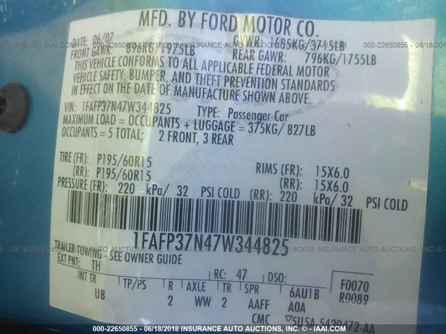 1FAFP37N47W344825 - 2007 FORD FOCUS ZX5/S/SE/SES 浅蓝色 照片 9