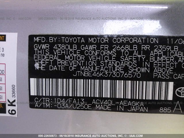 JTNBE46K373076570 - 2007 TOYOTA CAMRY NEW GENERAT CE/LE/XLE/SE SILVER photo 9