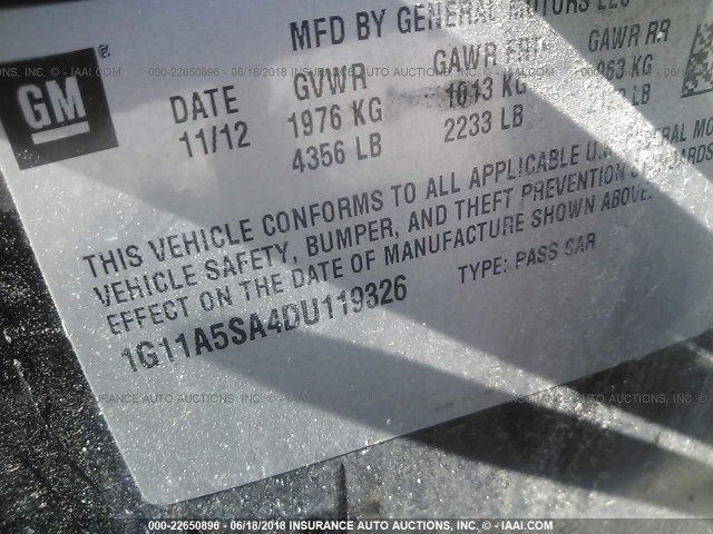 1G11A5SA4DU119326 - 2013 CHEVROLET MALIBU LS 黑色 照片 9