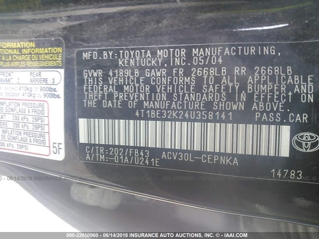 4T1BE32K24U358141 - 2004 TOYOTA CAMRY LE/XLE/SE 黑色 照片 9