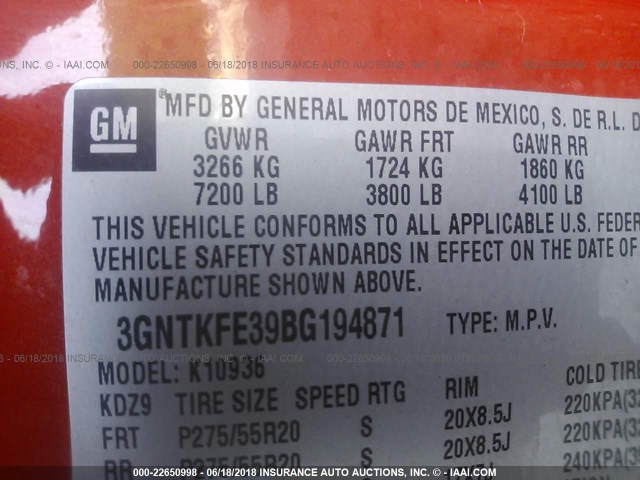 3GNTKFE39BG194871 - 2011 CHEVROLET AVALANCHE LT ORANGE photo 9