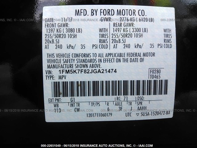 1FM5K7F82JGA21474 - 2018 FORD EXPLORER LIMITED 黑色 照片 9