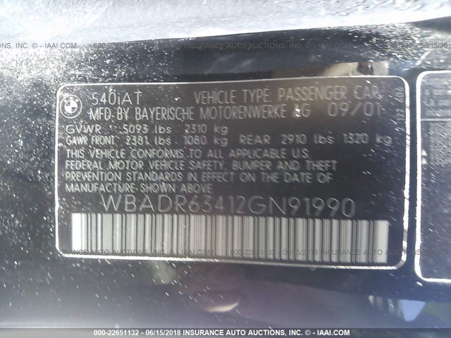 WBADR63412GN91990 - 2002 BMW 540 IT AUTOMATIC შავი ფოტო 9