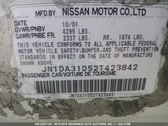 JN1DA31D52T423842 - 2002 NISSAN MAXIMA GLE/GXE/SE WHITE photo 9