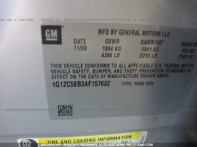 1G1ZC5EB3AF157602 - 2010 CHEVROLET MALIBU 1LT 银色 照片 9